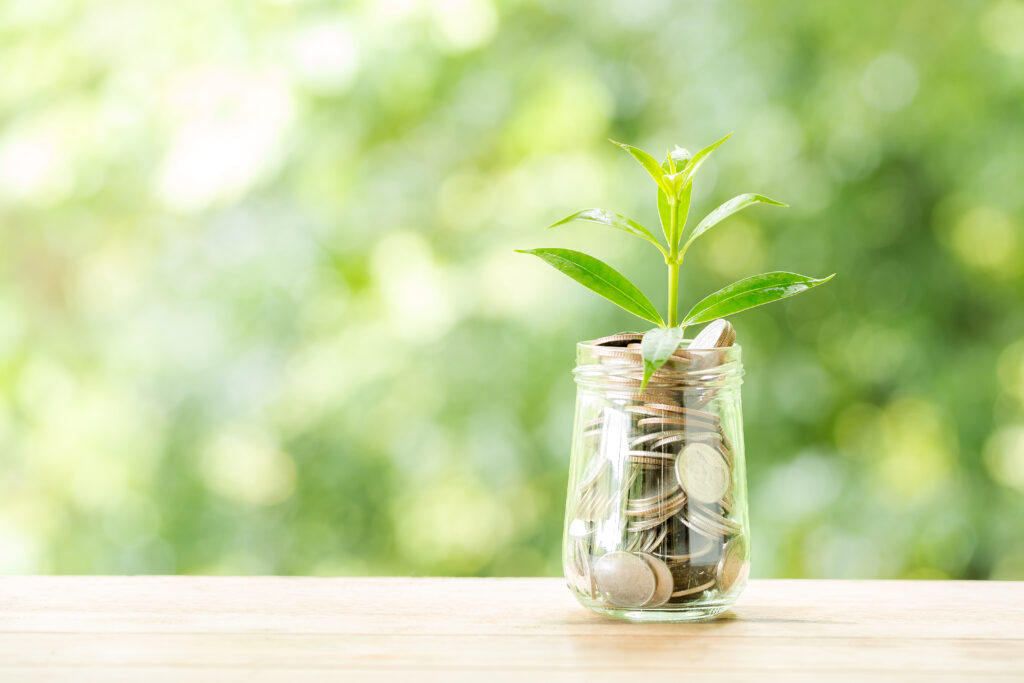 Plant growing from coins in the glass jar on blurred green natur